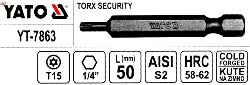 Bit 1/4"X50mm, torx security TT15